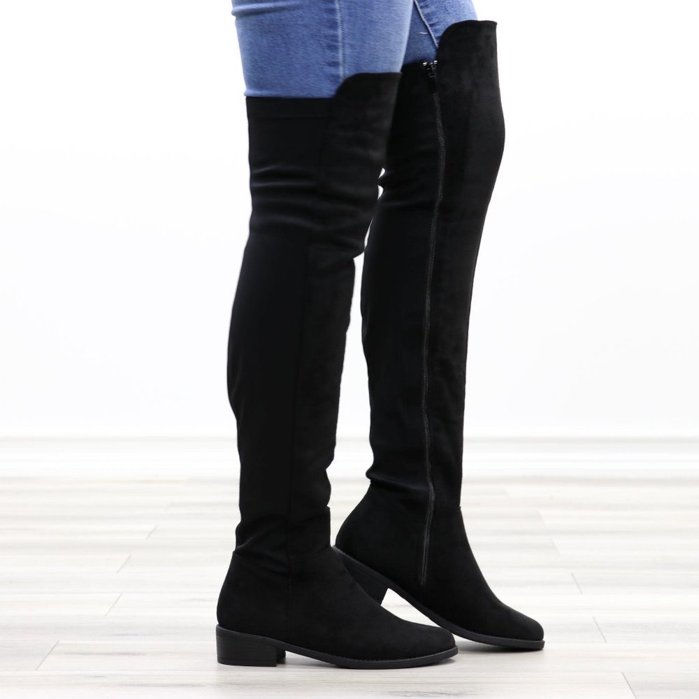 Low Heel Thigh High Boots Womens Over The Knee Suede & Stretchy Material Mix - Picture 5 of 14